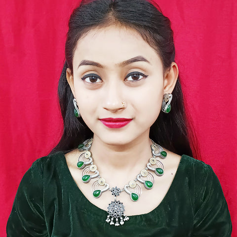Designer Silver Oxidized & Green Beaded Necklace & Earrings Set (D223)