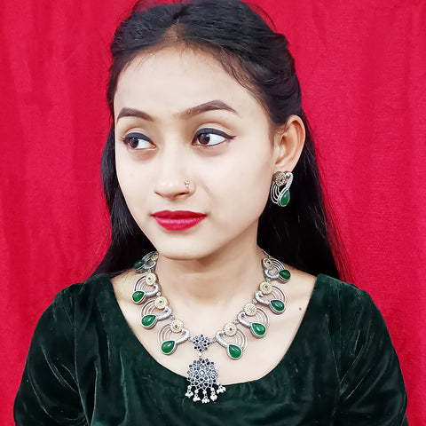Designer Silver Oxidized & Green Beaded Necklace & Earrings Set (D223)