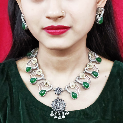 Designer Silver Oxidized & Green Beaded Necklace & Earrings Set (D223)