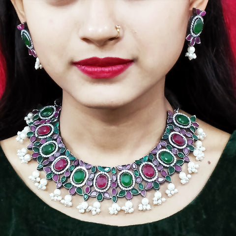 Designer Silver Oxidized & Multicolor Beaded Necklace & Earrings Set (D221)