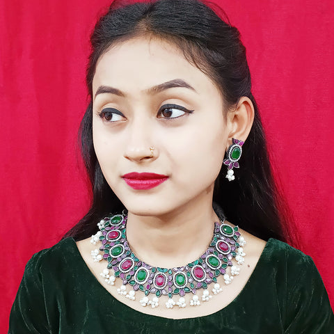 Designer Silver Oxidized & Multicolor Beaded Necklace & Earrings Set (D221)