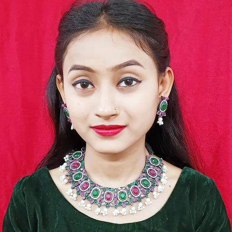 Designer Silver Oxidized & Multicolor Beaded Necklace & Earrings Set (D221)