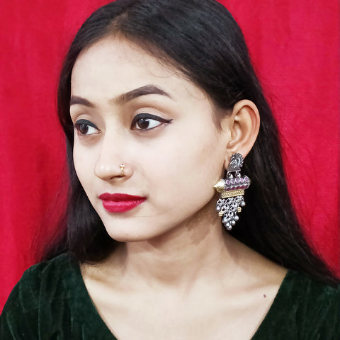 Traditional Style Oxidized Earrings with Semi-Precious Stones for Casual Party (E326)