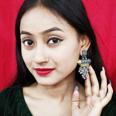 Traditional Style Oxidized Earrings with Semi-Precious Stones for Casual Party (E327)