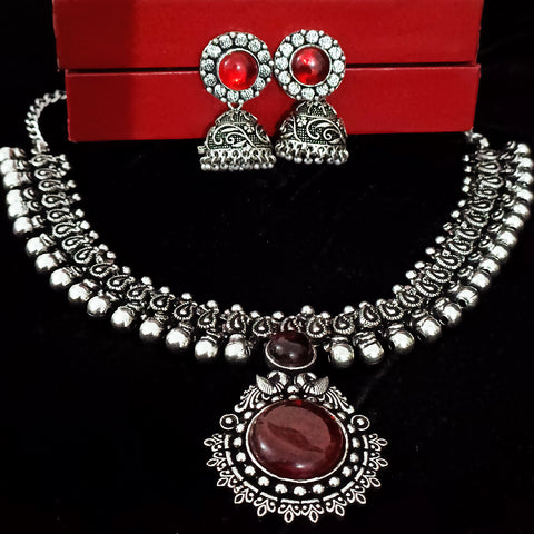 Designer Silver Oxidized & Red Beaded Necklace & Earrings Set (D216)