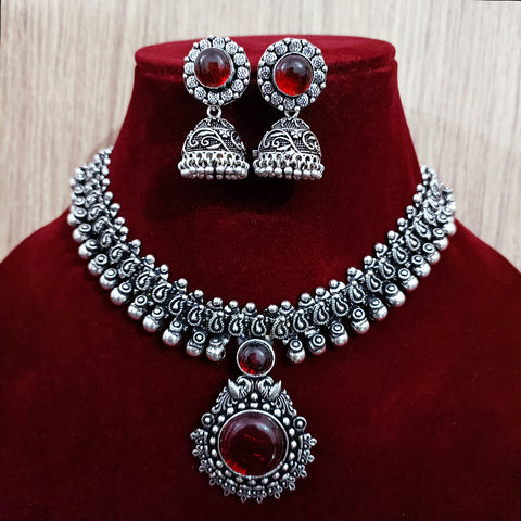 Designer Silver Oxidized & Red Beaded Necklace & Earrings Set (D216)