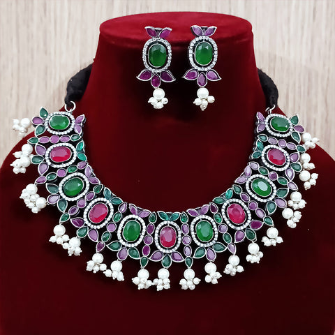 Designer Silver Oxidized & Multicolor Beaded Necklace & Earrings Set (D221)
