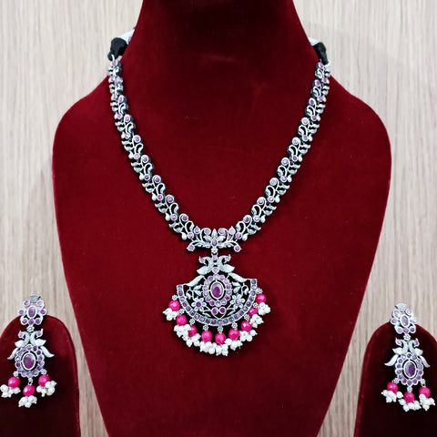 Designer Silver Oxidized & Red Beaded Necklace & Earrings Set (D228)