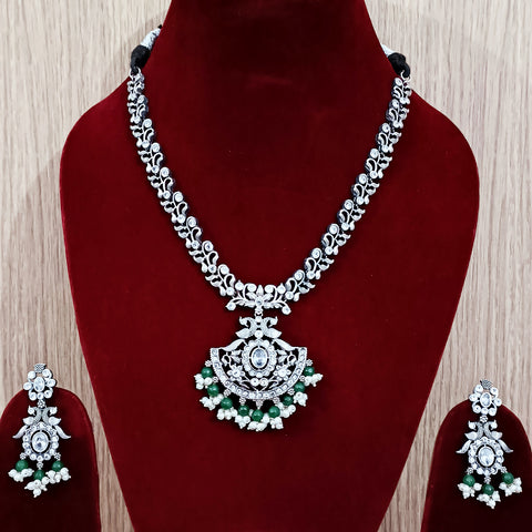 Designer Silver Oxidized & Green Beaded Necklace & Earrings Set (D227)