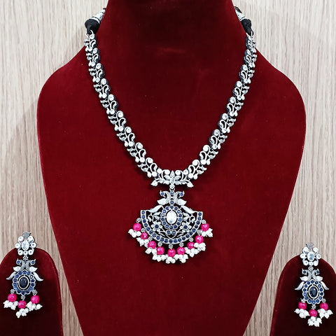 Designer Silver Oxidized & Red Beaded Necklace & Earrings Set (D229)