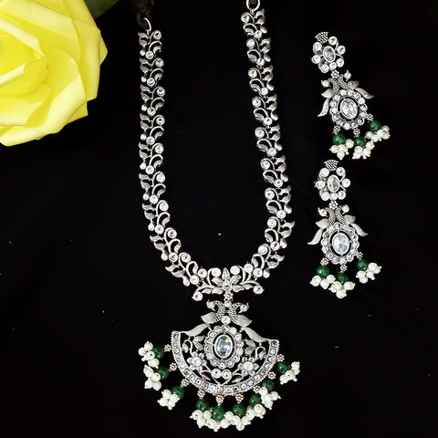 Designer Silver Oxidized & Green Beaded Necklace & Earrings Set (D227)