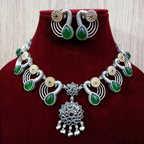 Designer Silver Oxidized & Green Beaded Necklace & Earrings Set (D223)
