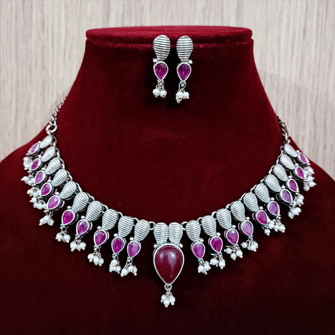 Designer Silver Oxidized & Red Beaded Necklace & Earrings Set (D225)
