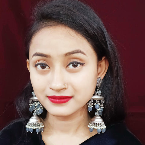 Traditional Style Oxidized Earrings with Gray Beads for Casual Party (E329)