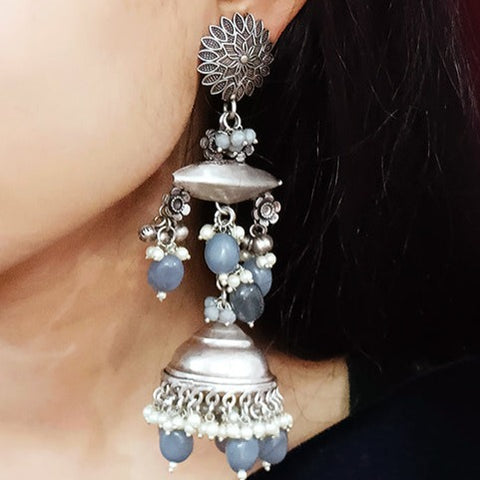 Traditional Style Oxidized Earrings with Gray Beads for Casual Party (E329)