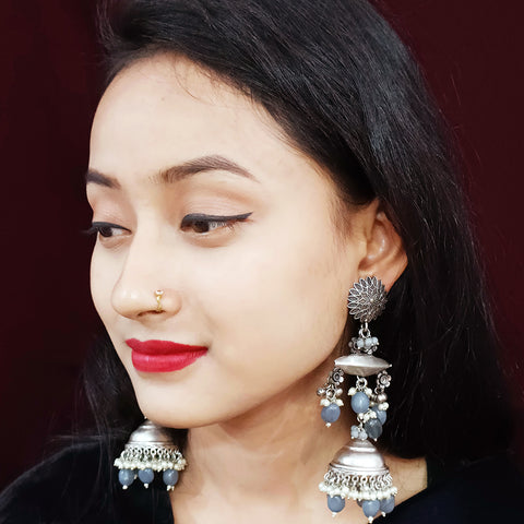Traditional Style Oxidized Earrings with Gray Beads for Casual Party (E329)