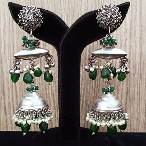 Traditional Style Oxidized Earrings with Green Beads for Casual Party (E331)