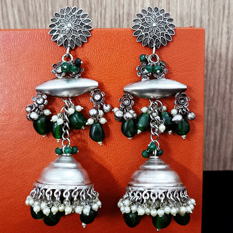 Traditional Style Oxidized Earrings with Green Beads for Casual Party (E331)