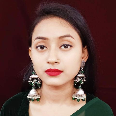 Traditional Style Oxidized Earrings with Green Beads for Casual Party (E331)
