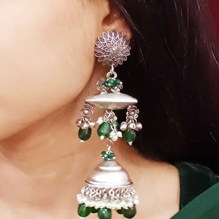 Traditional Style Oxidized Earrings with Green Beads for Casual Party (E331)