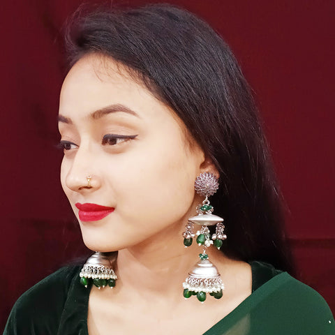 Traditional Style Oxidized Earrings with Green Beads for Casual Party (E331)