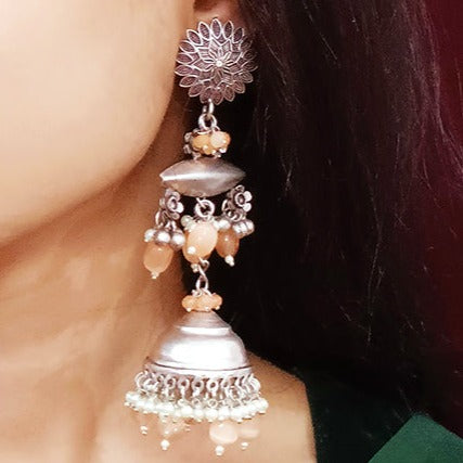 Traditional Style Oxidized Earrings with Orange Beads for Casual Party (E332)