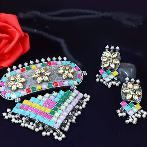 Designer Silver Oxidized & Multicolor Beaded Necklace Set (D274)