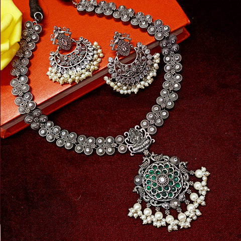 Designer Silver Oxidized & Green Beaded Necklace Set (D273)