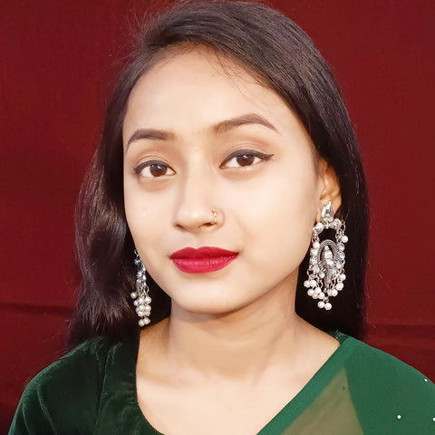Traditional Style Oxidized Earrings with White Beads for Casual Party (E336)