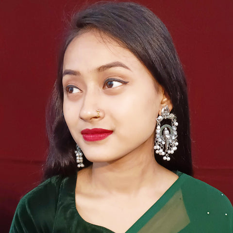 Traditional Style Oxidized Earrings with White Beads for Casual Party (E336)
