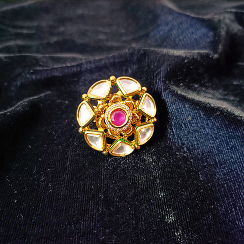Designer Gold Plated Royal Kundan & Ruby Beaded Ring (Design 107)