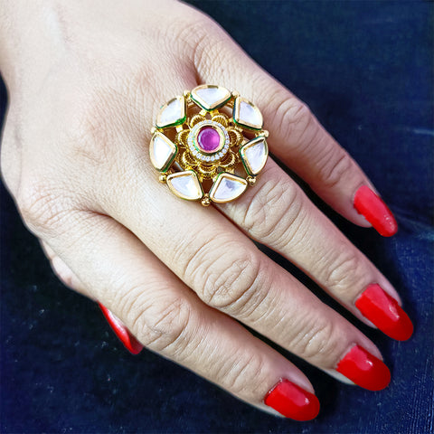 Designer Gold Plated Royal Kundan & Ruby Beaded Ring (Design 107)