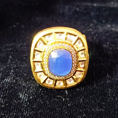 Designer Gold Plated Royal Kundan & Blue Beaded Ring (Design 104)
