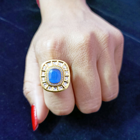 Designer Gold Plated Royal Kundan & Blue Beaded Ring (Design 104)