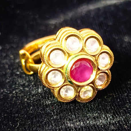 Designer Gold Plated Royal Kundan & Ruby Beaded Ring (Design 98)