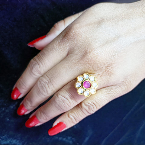 Designer Gold Plated Royal Kundan & Ruby Beaded Ring (Design 98)