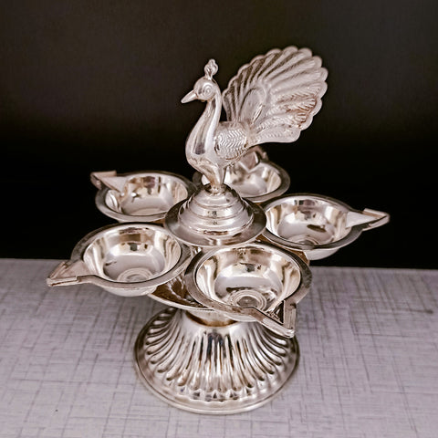 925 Silver Peacock Panch Mukhi Diya (Design 63)