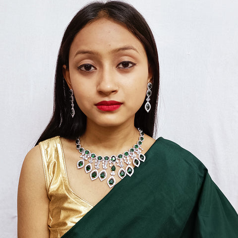 Designer Semi-Precious American Diamond & Green Emerald Necklace with Earrings (D309)