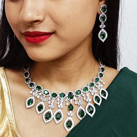 Designer Semi-Precious American Diamond & Green Emerald Necklace with Earrings (D309)