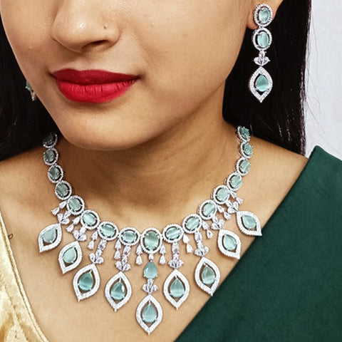 Designer Semi-Precious American Diamond & Mint Green Necklace with Earrings (D310)
