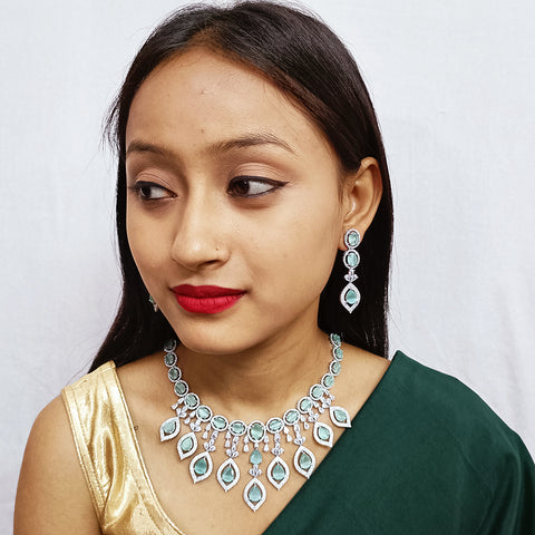 Designer Semi-Precious American Diamond & Mint Green Necklace with Earrings (D310)