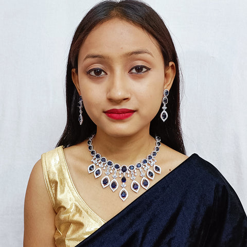 Designer Semi-Precious American Diamond & Blue Sapphire Necklace with Earrings (D308)