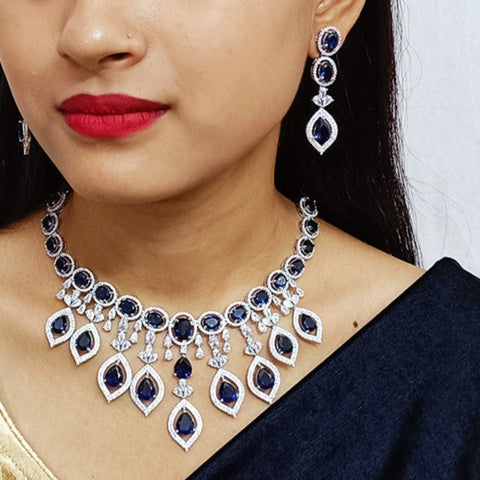 Designer Semi-Precious American Diamond & Blue Sapphire Necklace with Earrings (D308)