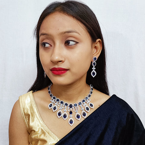 Designer Semi-Precious American Diamond & Blue Sapphire Necklace with Earrings (D308)