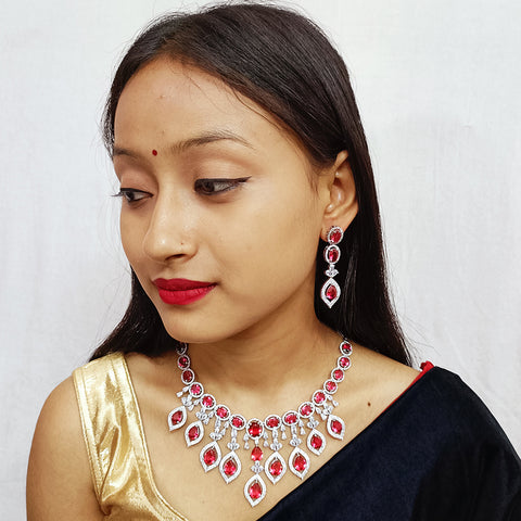 Designer Semi-Precious American Diamond & Ruby Necklace with Earrings (D311)