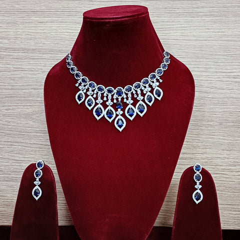 Designer Semi-Precious American Diamond & Blue Sapphire Necklace with Earrings (D308)