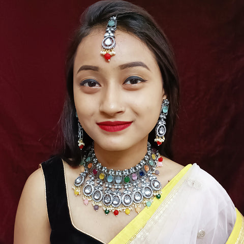 Designer Semi-Precious American Diamond & Multi Color Bid Necklace with Earrings (D317)