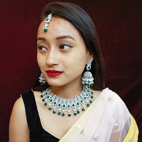 Designer Semi-Precious American Diamond & Green Emerald Necklace with Earrings (D316)