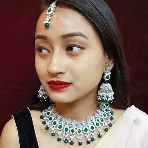 Designer Semi-Precious American Diamond & Green Emerald Necklace with Earrings (D316)