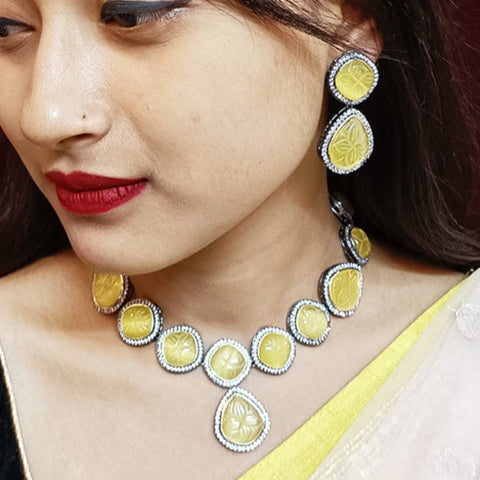 Designer Silver Oxidized & Yellow Color Monalisa Stone Necklace Set (D313)